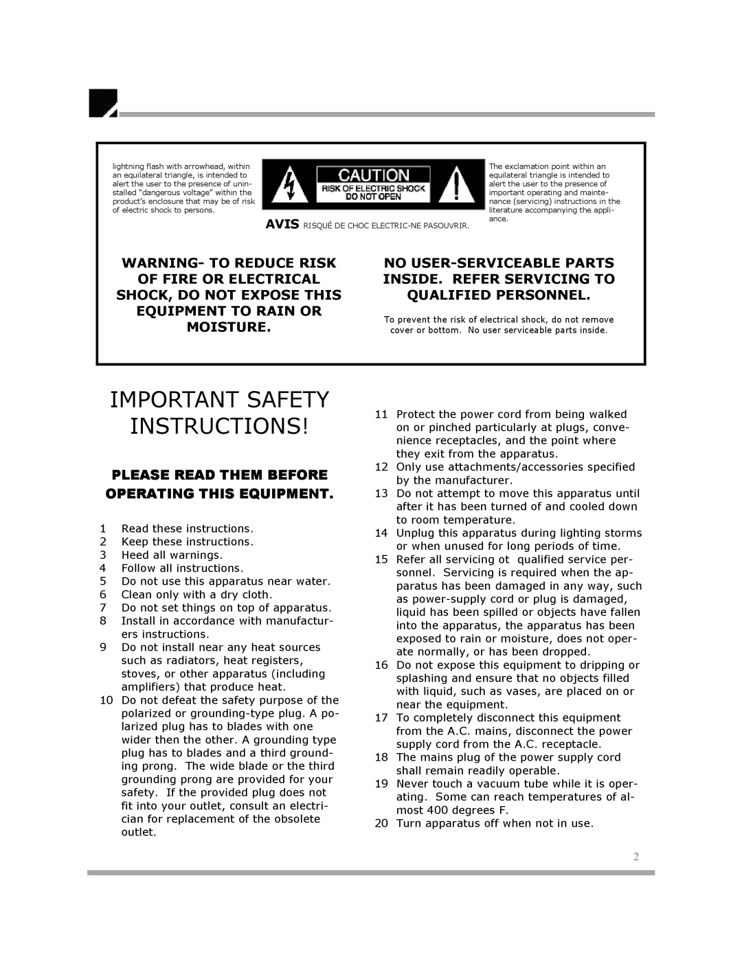 Klipsch SE84ZS Important Safety Instructions, Inside. Refer Servicing To, Warning- To Reduce Risk, Of Fire Or Electrical 