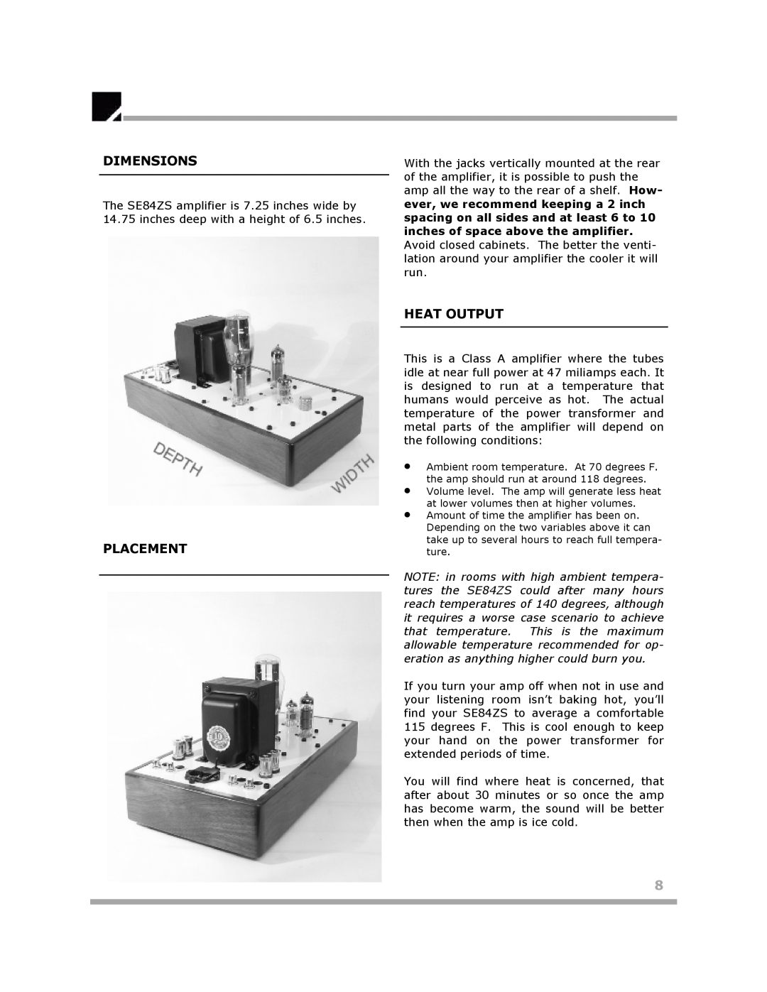 Klipsch SE84ZS owner manual Dimensions, Placement, Heat Output 