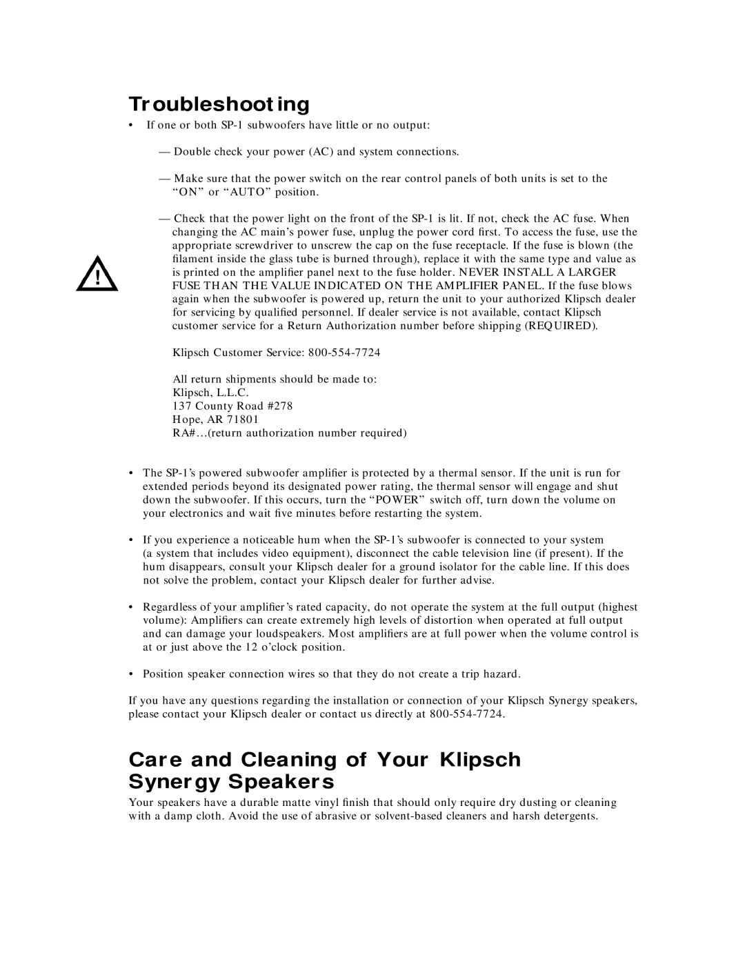 Klipsch SS-1, SF-1, SF-2, SP-1, SC-1, SB-2, SB-3 warranty Troubleshooting, Care and Cleaning of Your Klipsch Synergy Speakers 