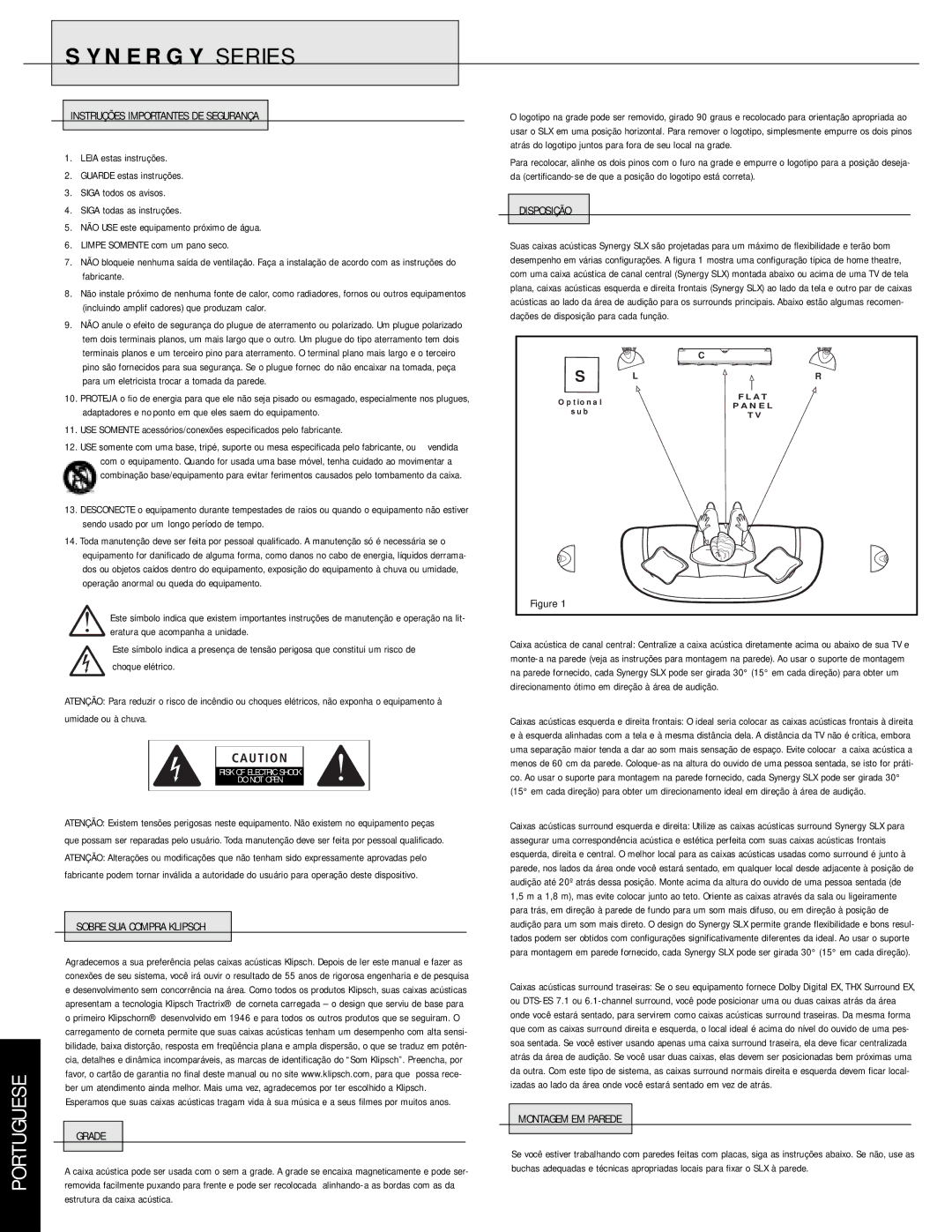 Klipsch SLX manual Instruções Importantes DE Segurança, Sobre SUA Compra Klipsch Grade, Disposição, Montagem EM Parede 