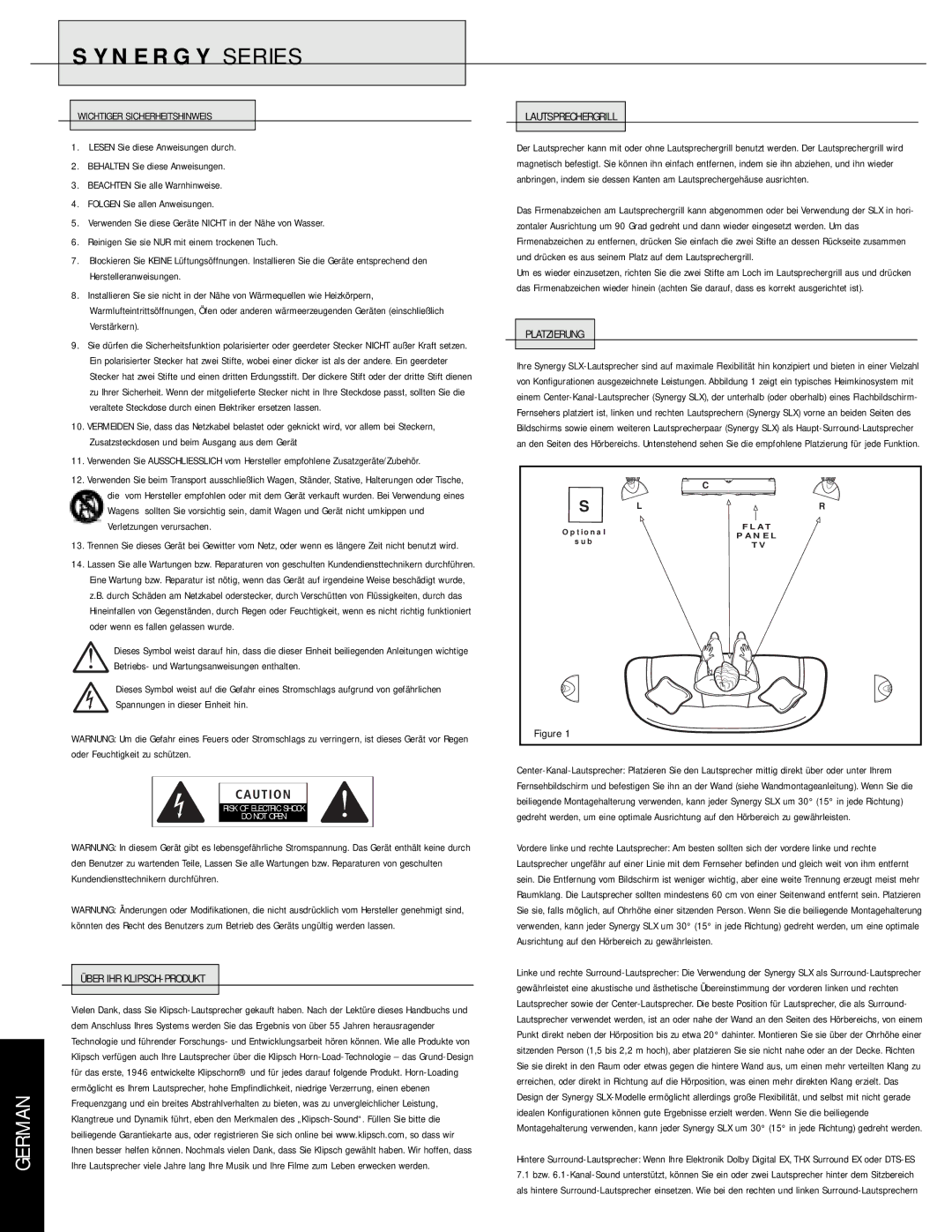 Klipsch SLX manual Wichtiger Sicherheitshinweis, Über IHR KLIPSCH-PRODUKT Lautsprechergrill, Platzierung 