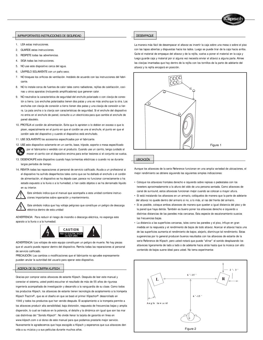 Klipsch Speaker owner manual Impimportantes Instrucciones DE Seguridad, Acerca DE SU Compra Klipsch, Desempaque, Ubicación 