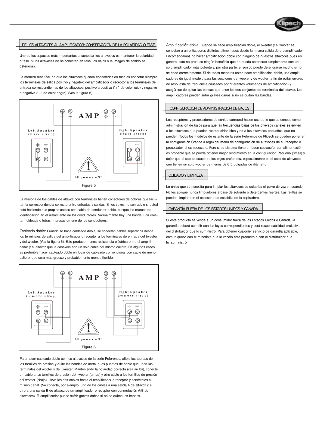 Klipsch Speaker owner manual Configuración DE Administración DE Bajos, Cuidado Y Limpieza 