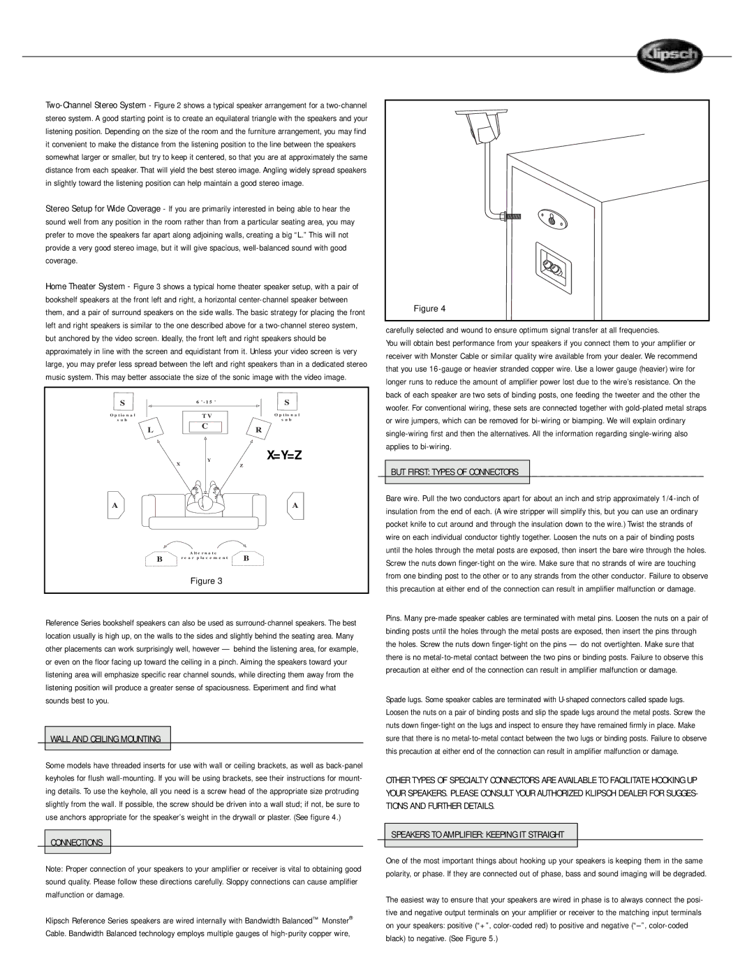 Klipsch Speaker owner manual Wall and Ceiling Mounting, Connections, But First Types of Connectors 