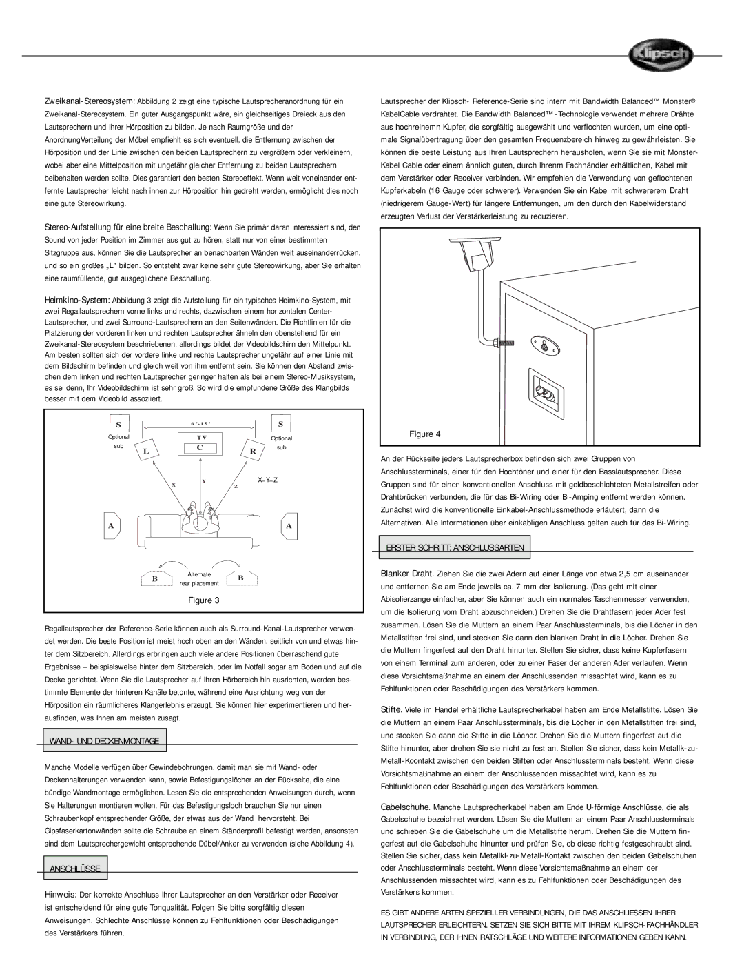 Klipsch Speaker owner manual WAND- UND Deckenmontage, Anschlüsse, Erster Schritt Anschlussarten 