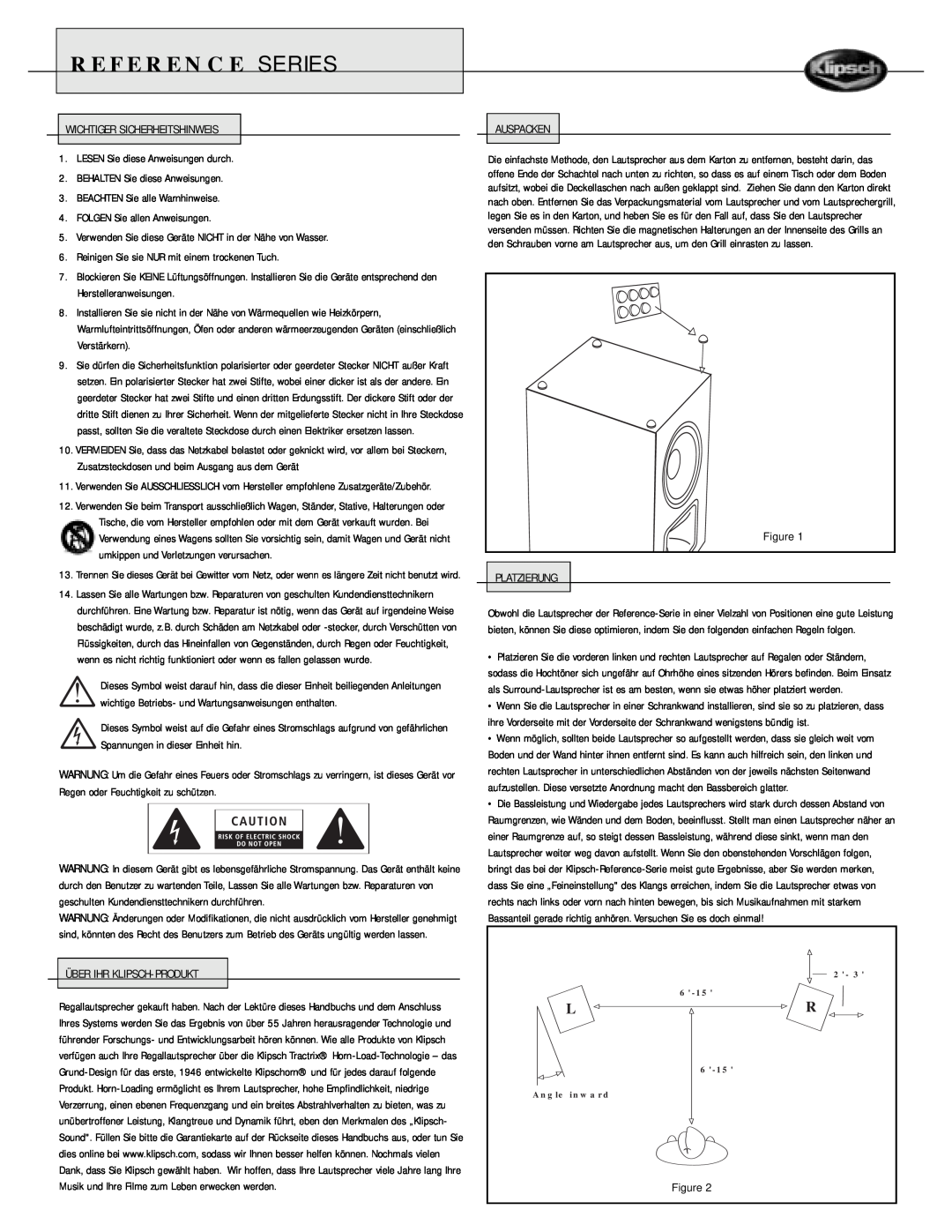 Klipsch Speaker owner manual Reference Series, Wichtiger Sicherheitshinweis 