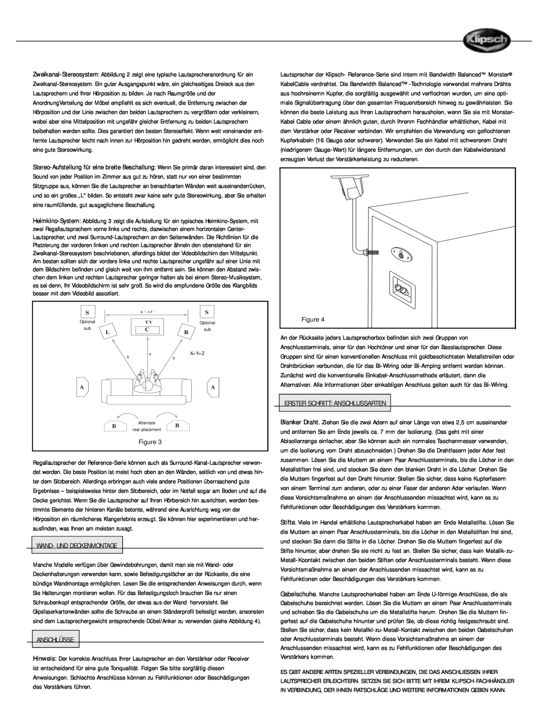 Klipsch Speaker owner manual Wand- Und Deckenmontage, Anschlüsse, Erster Schritt Anschlussarten, X=Y=Z 