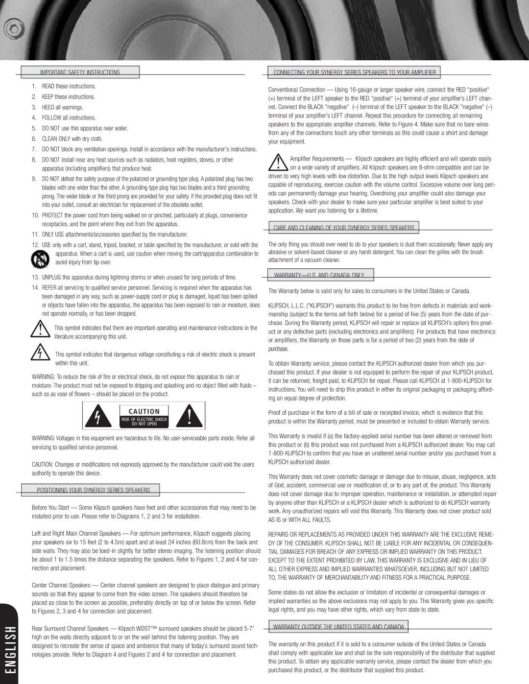 Klipsch SPEAKERS Important Safety Instructions, Positioning Your Synergy Series Speakers, WARRANTY-U.S. and Canada only 