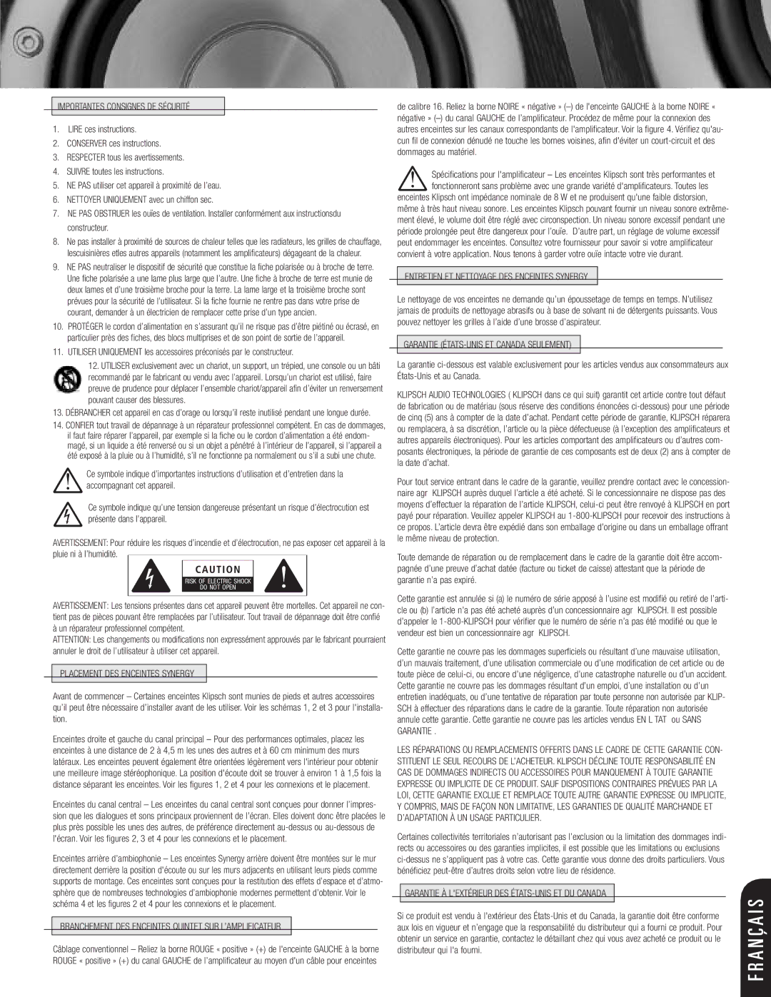 Klipsch SPEAKERS manual Importantes Consignes DE Sécurité, Placement DES Enceintes Synergy 