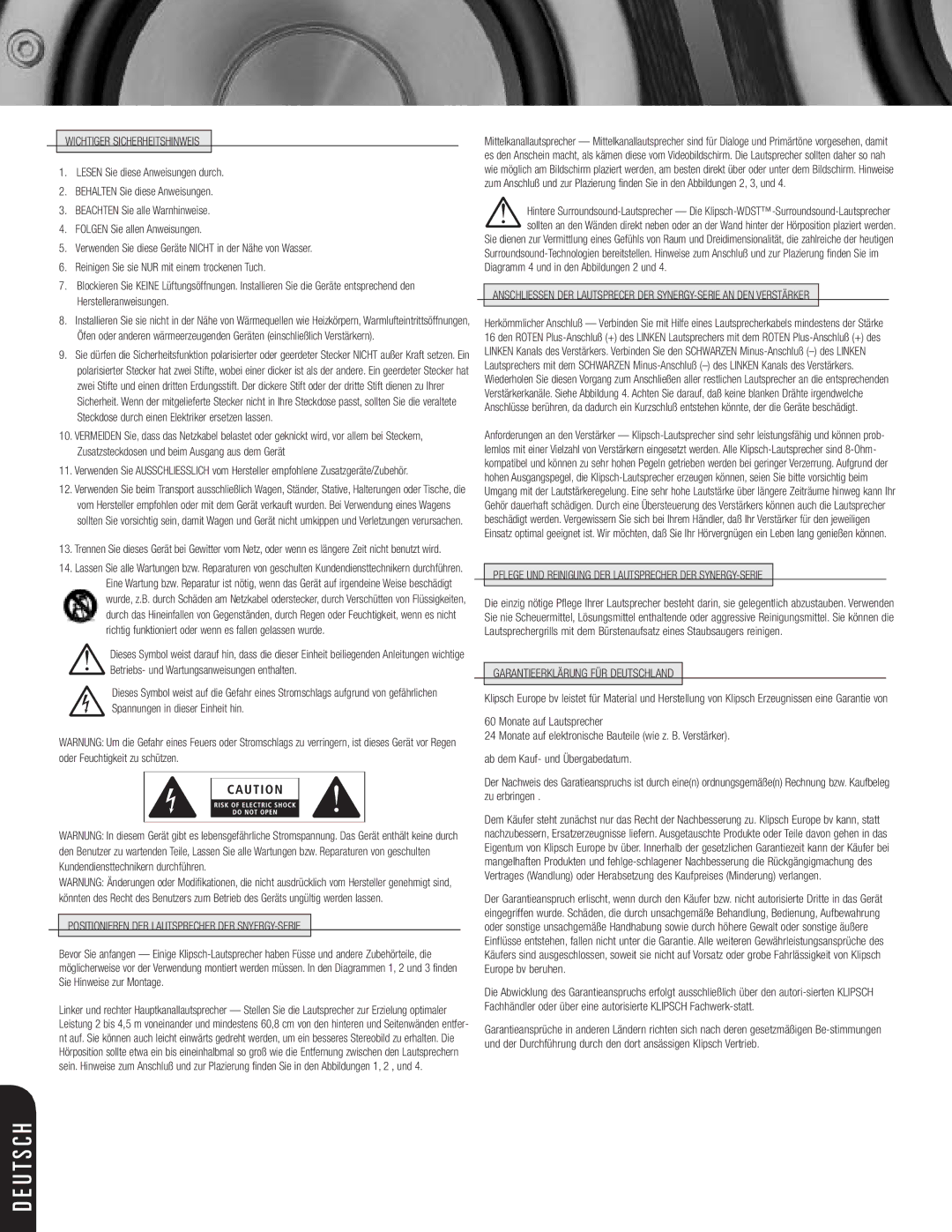 Klipsch SPEAKERS manual Wichtiger Sicherheitshinweis, Positionieren DER Lautsprecher DER SNYERGY-SERIE 