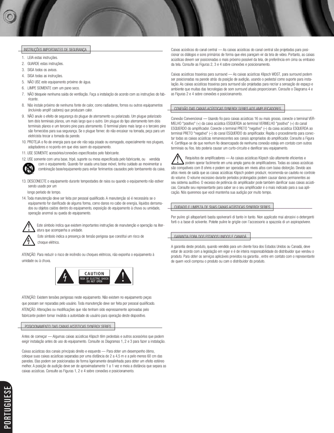 Klipsch SPEAKERS manual Instruções Importantes DE Segurança, Cuidado E Limpeza DE Suas Caixas Acústicas Synergy Series 