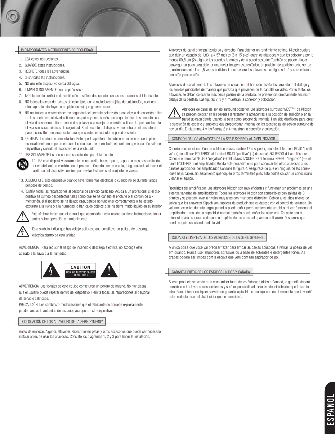 Klipsch SPEAKERS manual Impimportantes Instrucciones DE Seguridad, Colocación DE LOS Altavoces DE LA Serie Synergy 