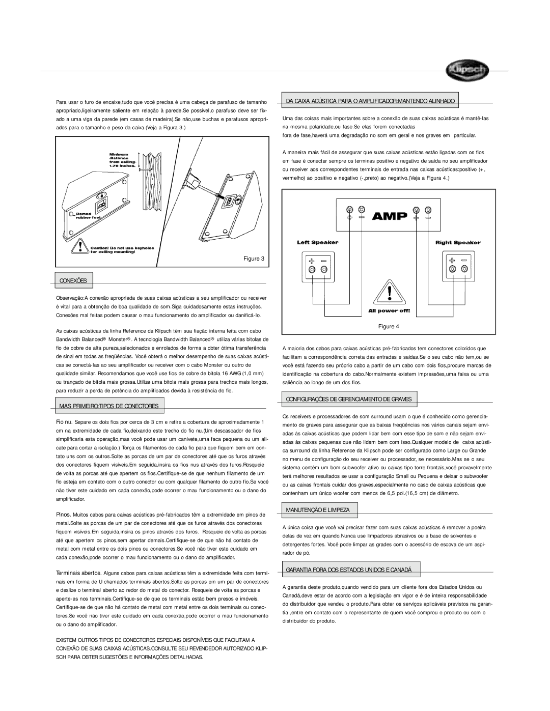 Klipsch SURROUND LOUDSPEAKERS Conexões, MAS Primeirotipos DE Conectores, Configurações DE Gerenciamento DE Graves 