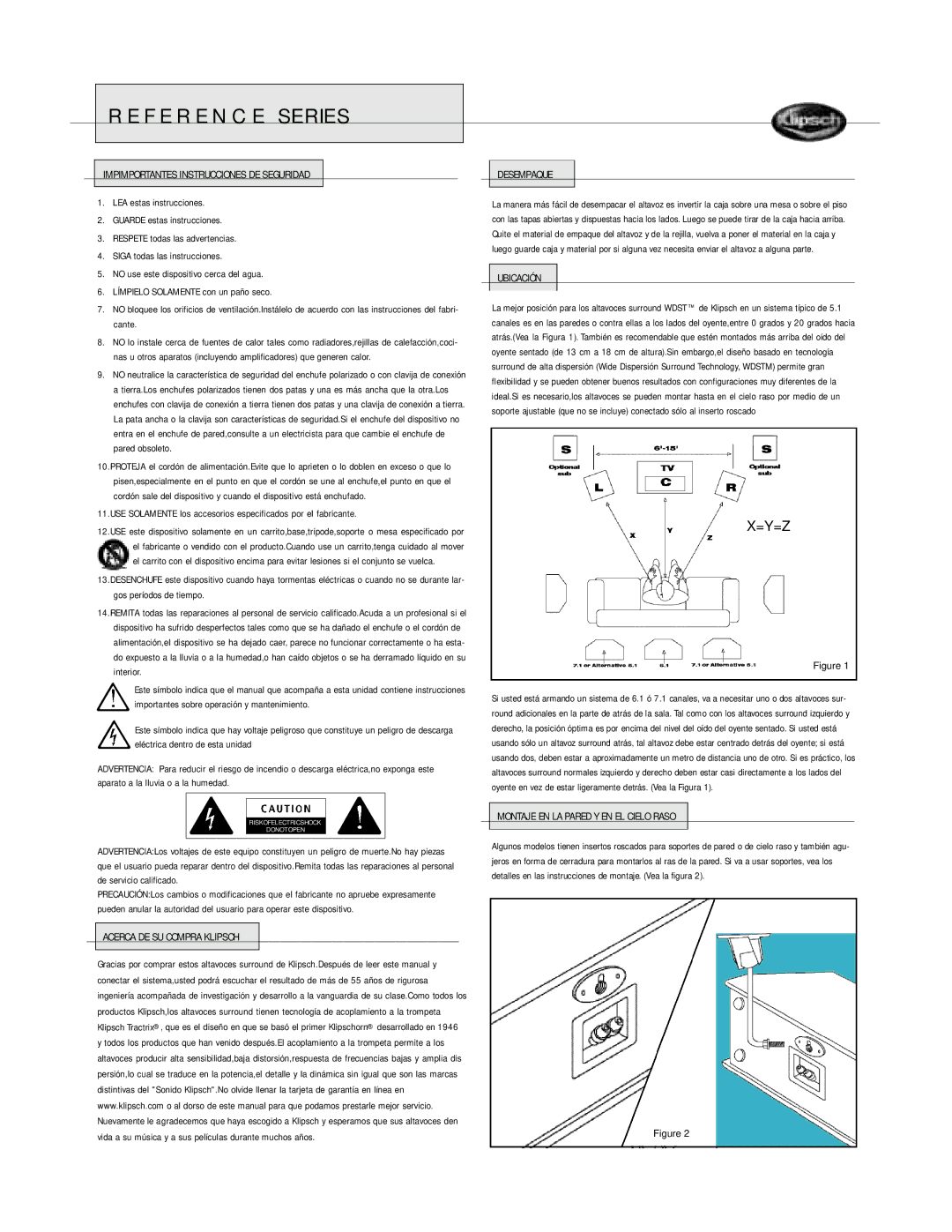 Klipsch SURROUND LOUDSPEAKERS Impimportantes Instrucciones DE Seguridad, Acerca DE SU Compra Klipsch Desempaque, Ubicación 