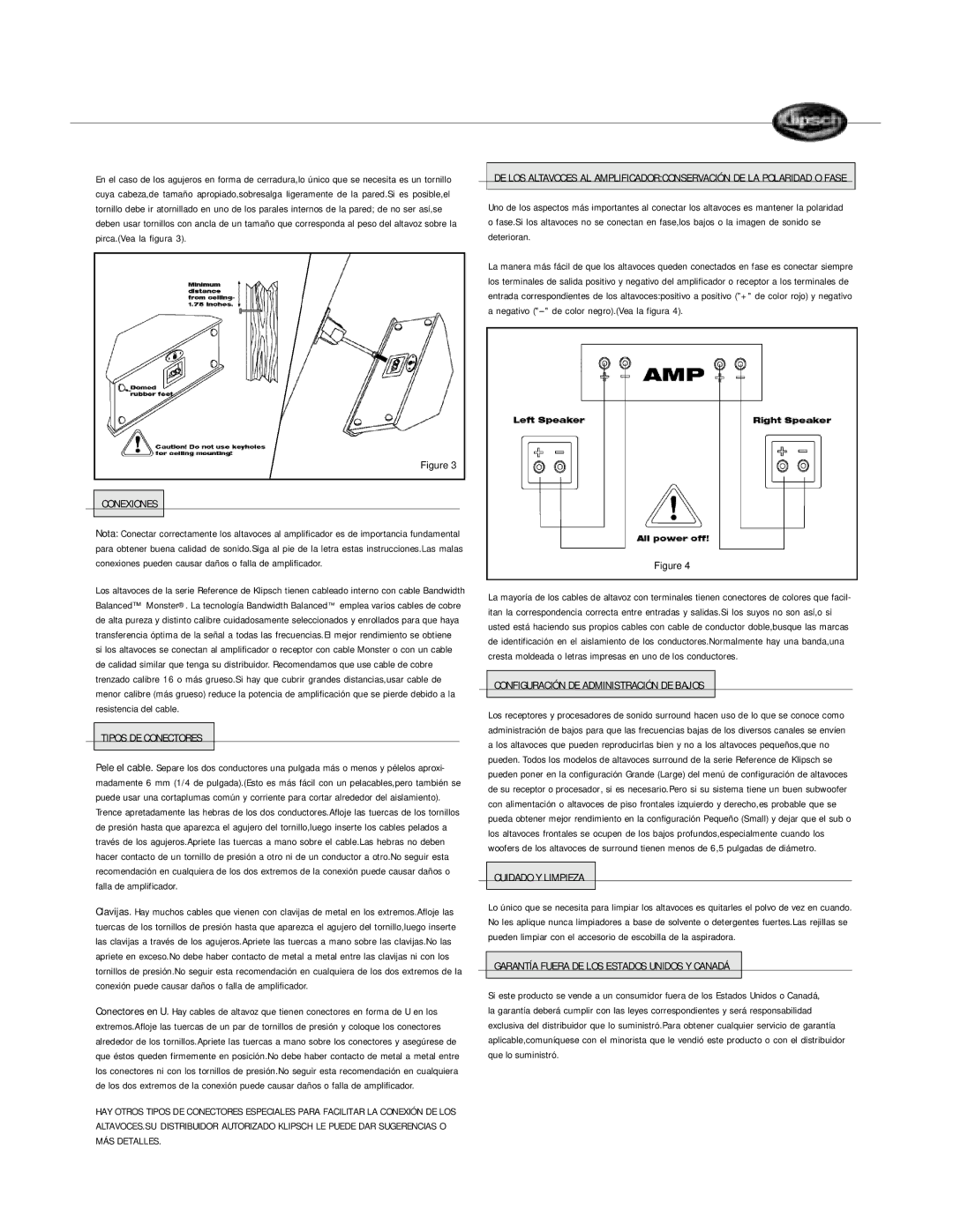 Klipsch SURROUND LOUDSPEAKERS owner manual Conexiones, Tipos DE Conectores, Configuración DE Administración DE Bajos 