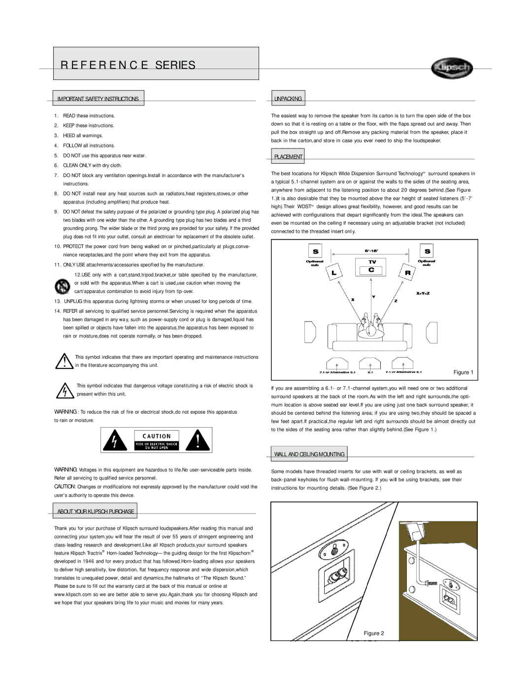 Klipsch SURROUND LOUDSPEAKERS owner manual Important Safety Instructions, Unpacking, Placement 