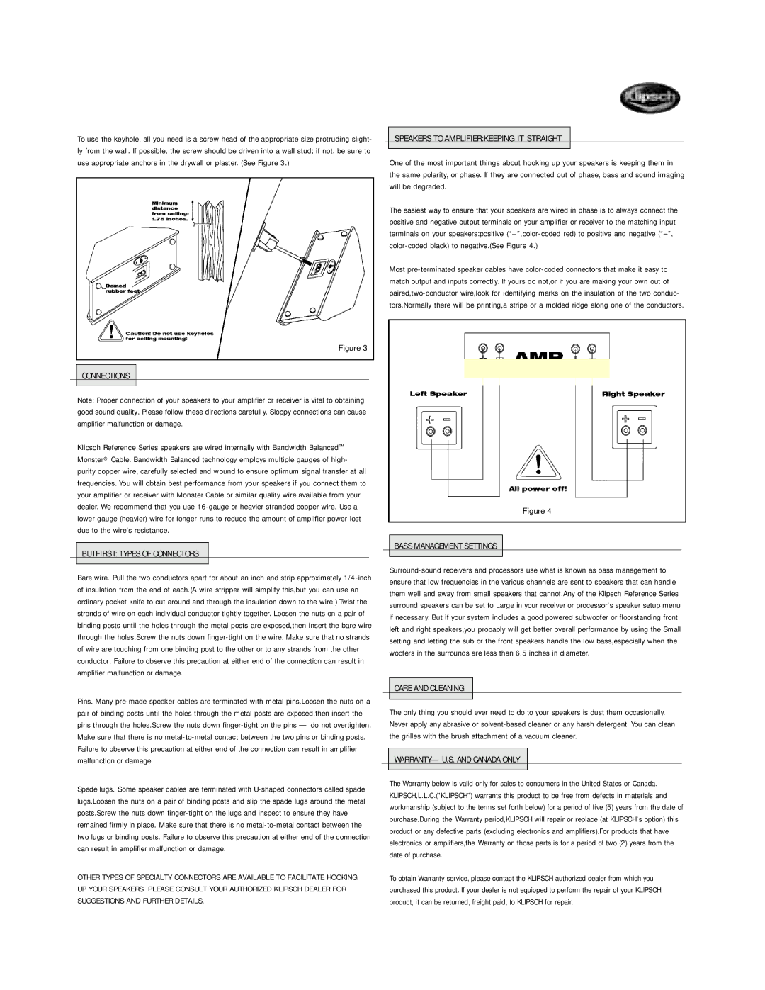 Klipsch SURROUND LOUDSPEAKERS Connections, Butfirst Types of Connectors, Speakers to Amplifierkeeping IT Straight 