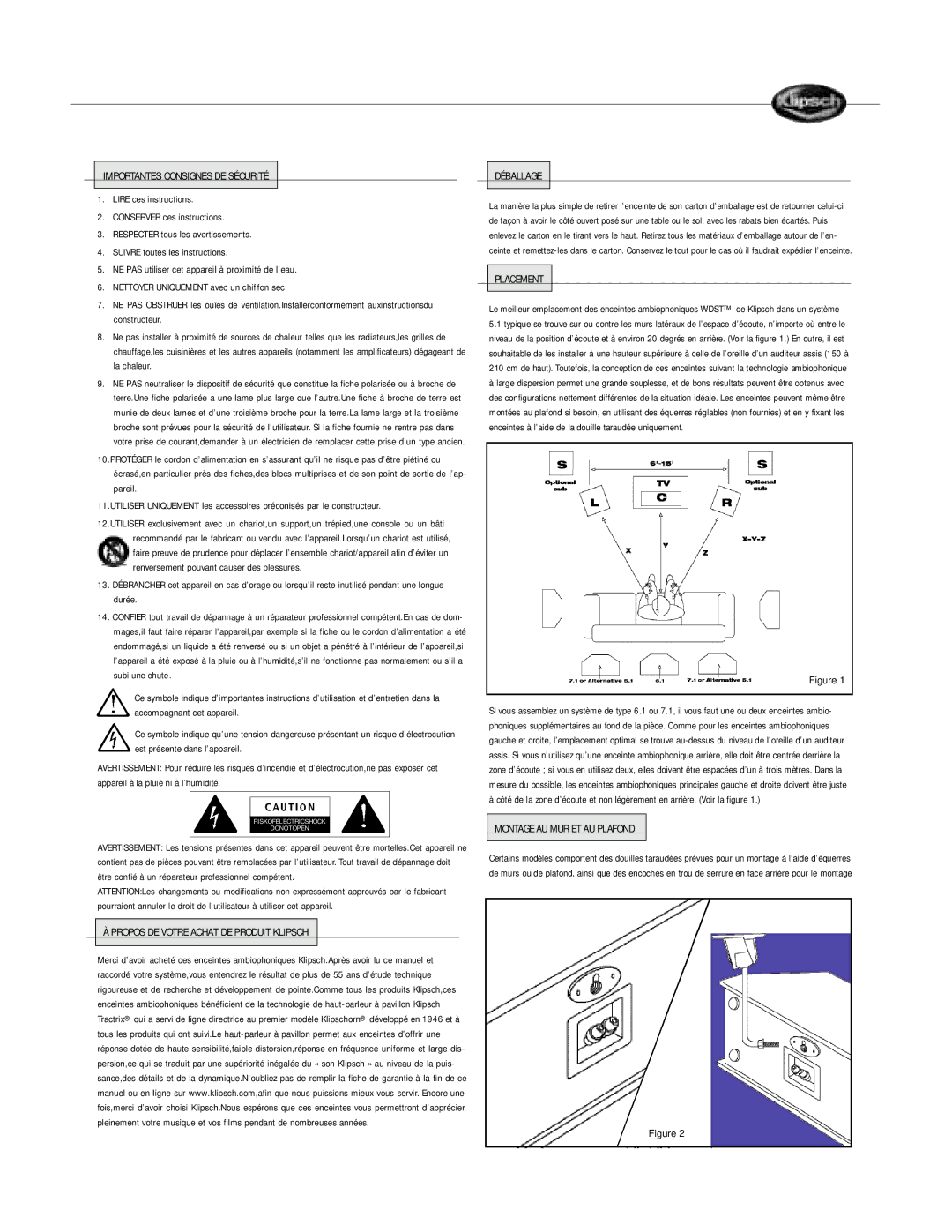 Klipsch SURROUND LOUDSPEAKERS Importantes Consignes DE Sécurité, Propos DE Votre Achat DE Produit Klipsch Déballage 