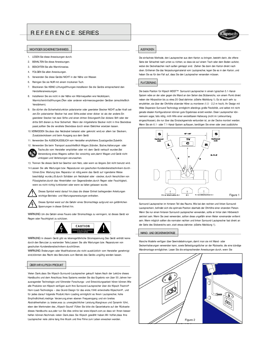 Klipsch SURROUND LOUDSPEAKERS owner manual Wichtiger Sicherheitshinweis, Über IHR KLIPSCH-PRODUKT Auspacken, Platzierung 