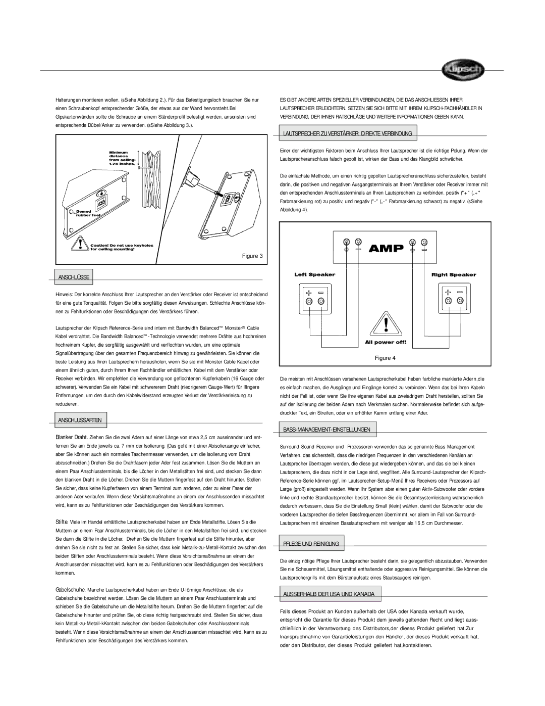 Klipsch SURROUND LOUDSPEAKERS owner manual Lautsprecher ZU Verstärker Direkte Verbindung, Anschlüsse, Anschlussarten 