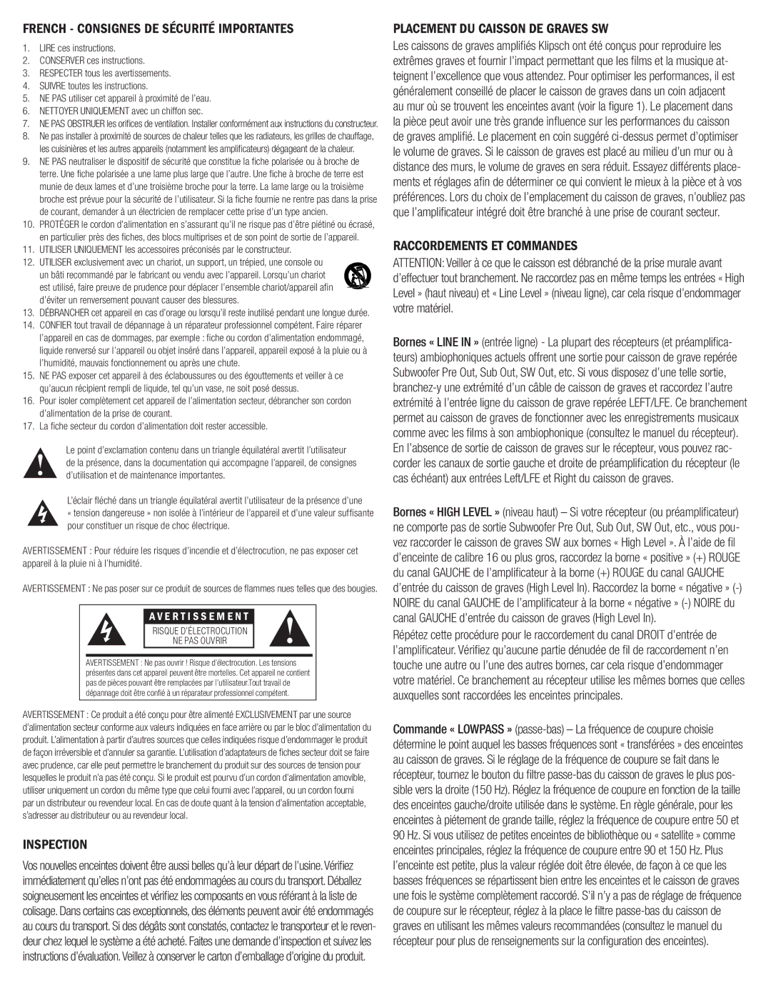 Klipsch SW-110 French Consignes DE Sécurité Importantes, Placement DU Caisson DE Graves SW, Raccordements ET Commandes 