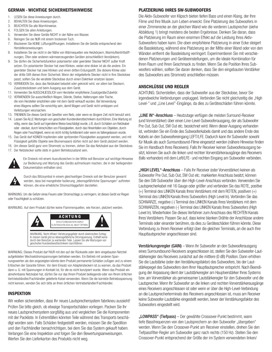 Klipsch SW-112 German Wichtige Sicherheitshinweise, Inspektion, Platzierung Ihres SW-SUBWOOFERS, Anschlüsse UND Regler 