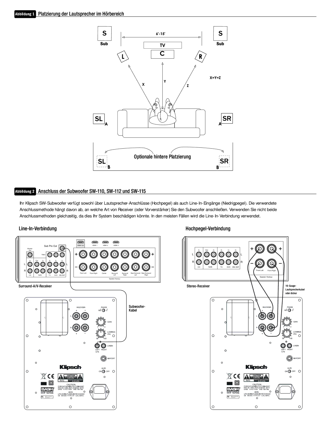 Klipsch SW-110, SW-115, SW-112 owner manual Line-In-Verbindung, Hochpegel-Verbindung 