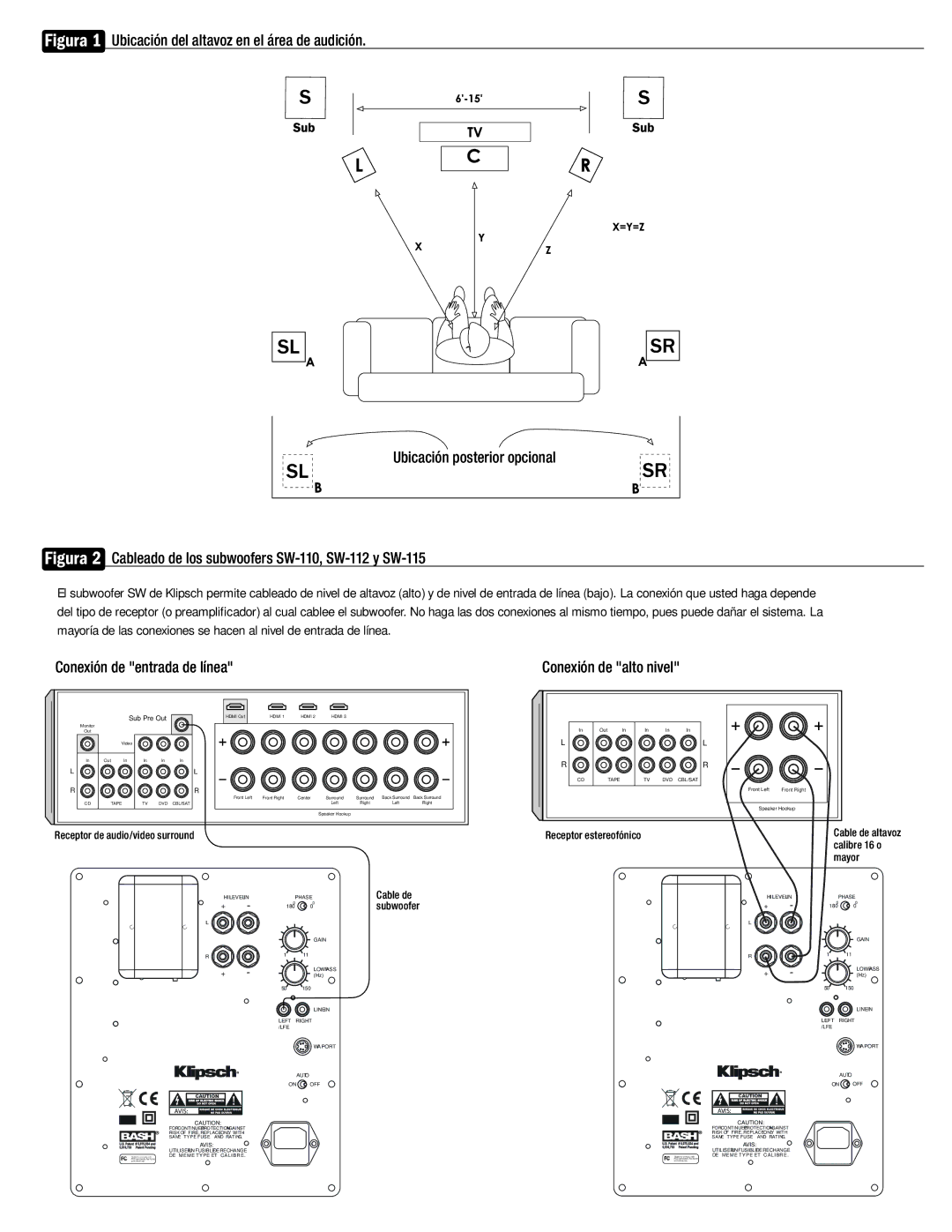 Klipsch SW-112, SW-115, SW-110 owner manual Conexión de entrada de línea, Conexión de alto nivel 