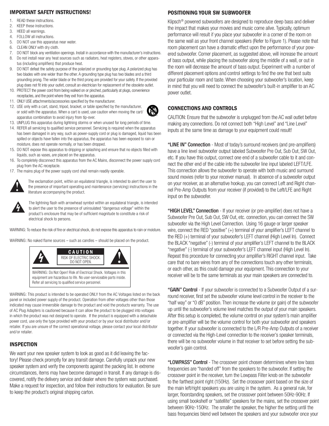 Klipsch SW-115, SW-110 Important Safety Instructions, Inspection, Positioning Your SW Subwoofer, Connections and Controls 