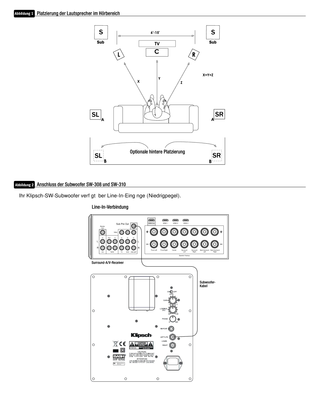 Klipsch SW-308, SW-310 owner manual Subwoofer- Kabel 