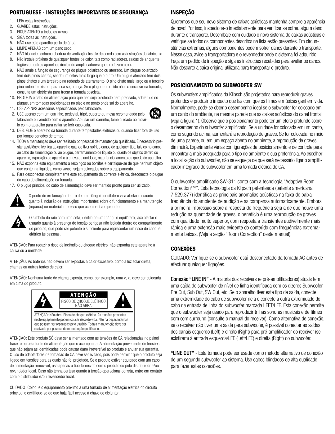 Klipsch SW-311 owner manual Inspeção, Posicionamento do Subwoofer SW, Conexões 