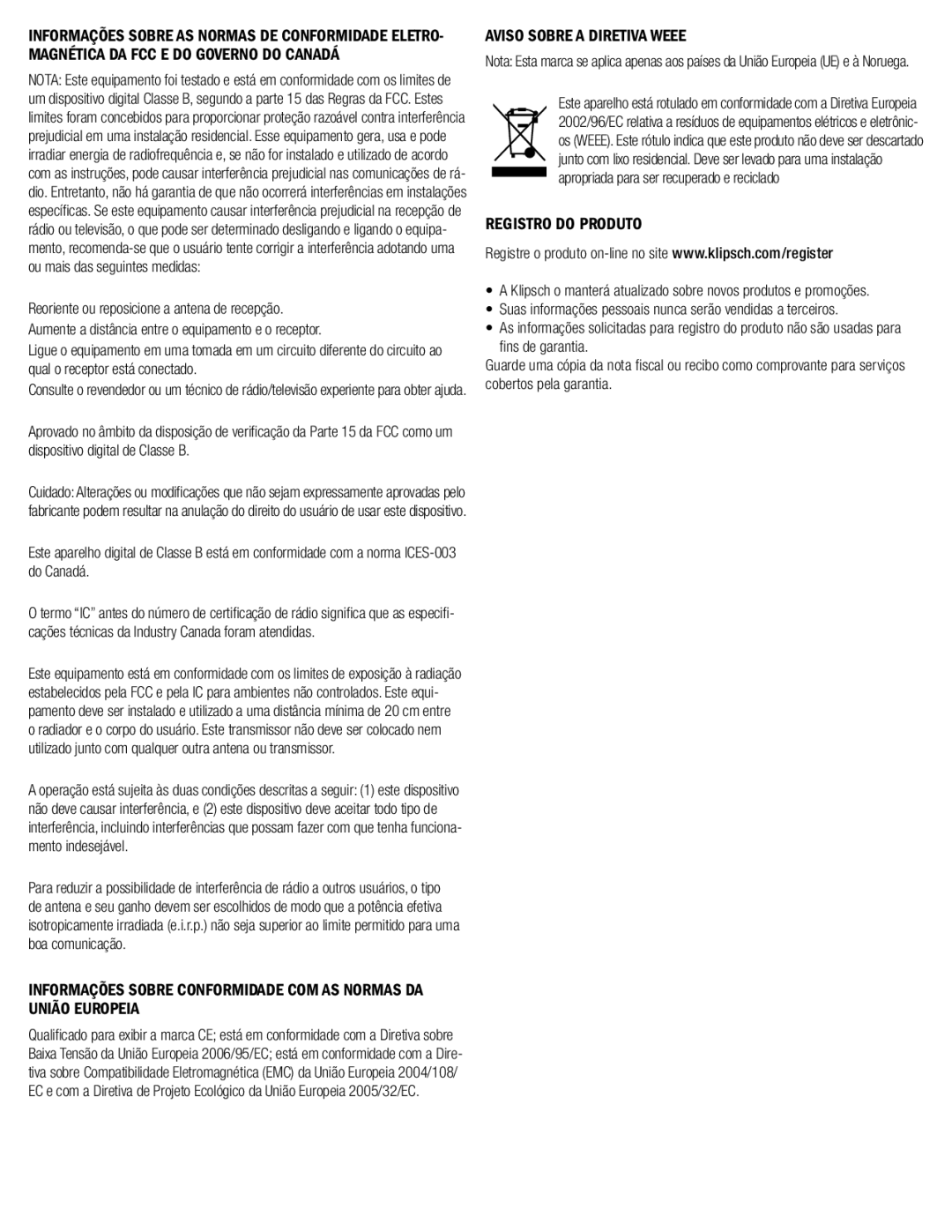 Klipsch SW-311 owner manual Aviso Sobre a Diretiva Weee, Registro do Produto 