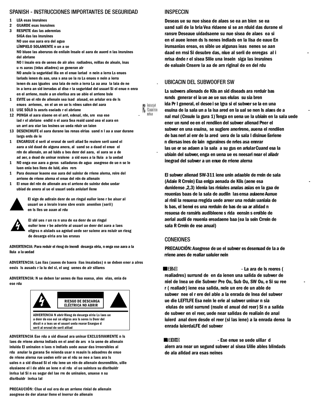 Klipsch SW-311 owner manual Inspección, Ubicación DEL Subwoofer SW, Conexiones 