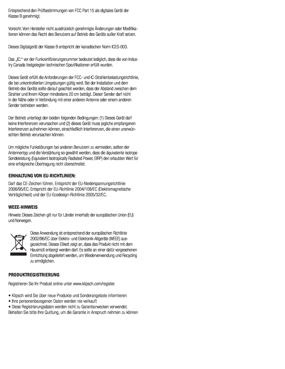 Klipsch SW-311 owner manual Einhaltung Von Eu-Richtlinien, Weee-Hinweis, Produktregistrierung 