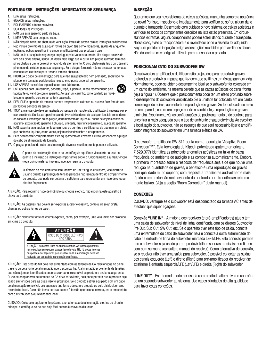 Klipsch SW-311 owner manual Inspeção, Posicionamento Do Subwoofer Sw, Conexões, A T E N Ç Ã O 