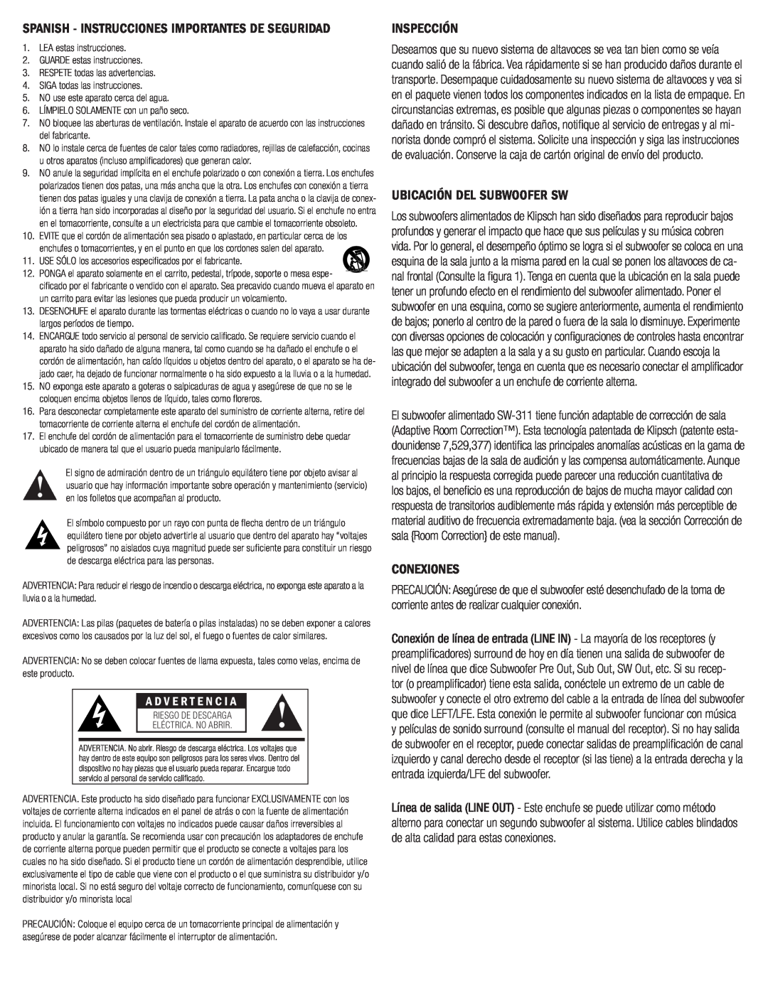 Klipsch SW-311 Inspección, Ubicación Del Subwoofer Sw, Conexiones, Spanish - Instrucciones Importantes De Seguridad 