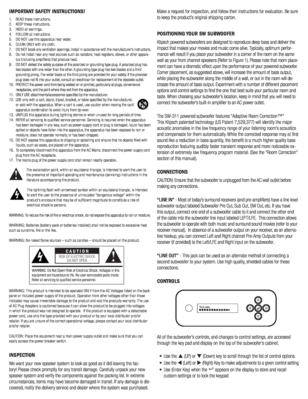 Klipsch SW-311 owner manual Important Safety Instructions, Positioning Your Sw Subwoofer, Connections, Controls, Inspection 