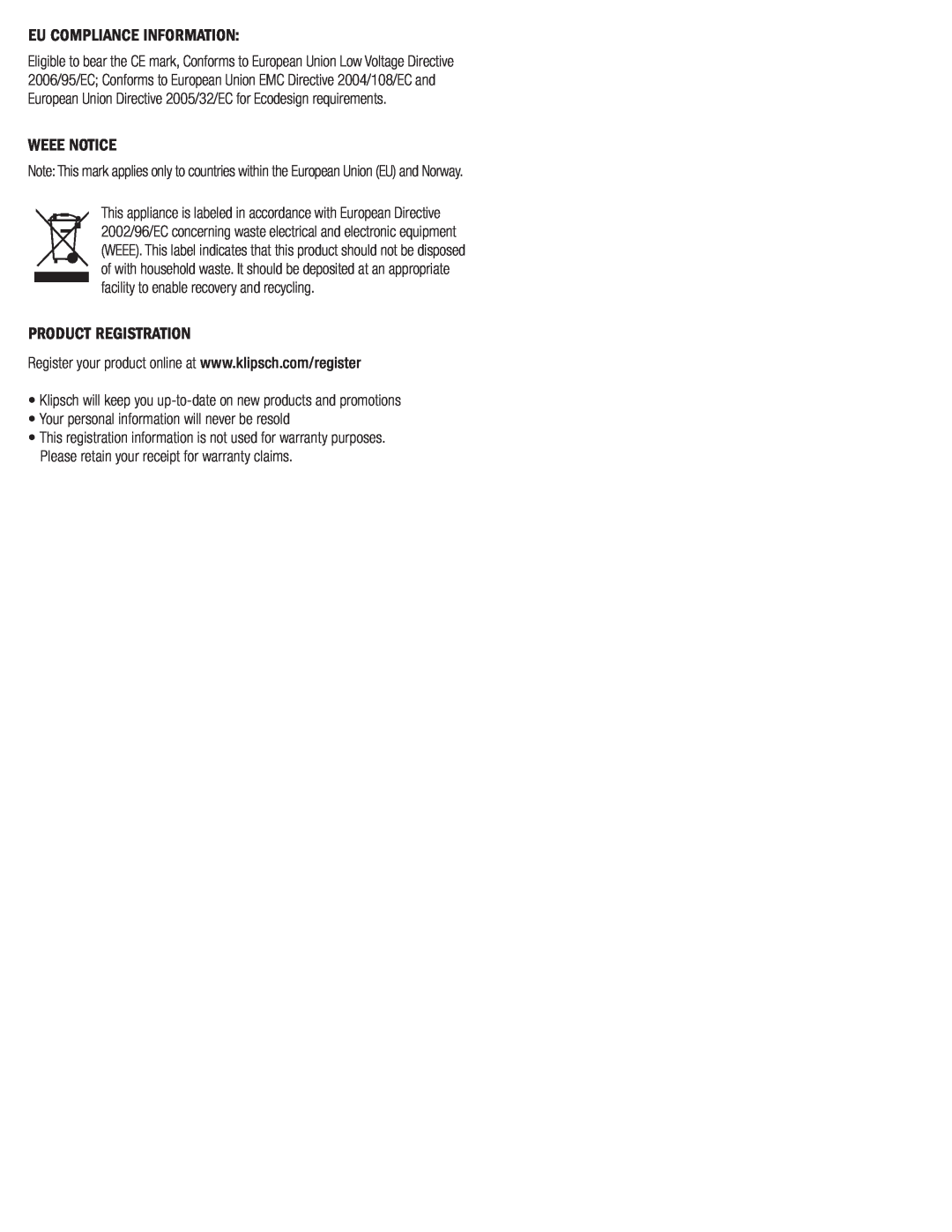 Klipsch SW-311 owner manual Eu Compliance Information, Weee Notice, Product Registration 