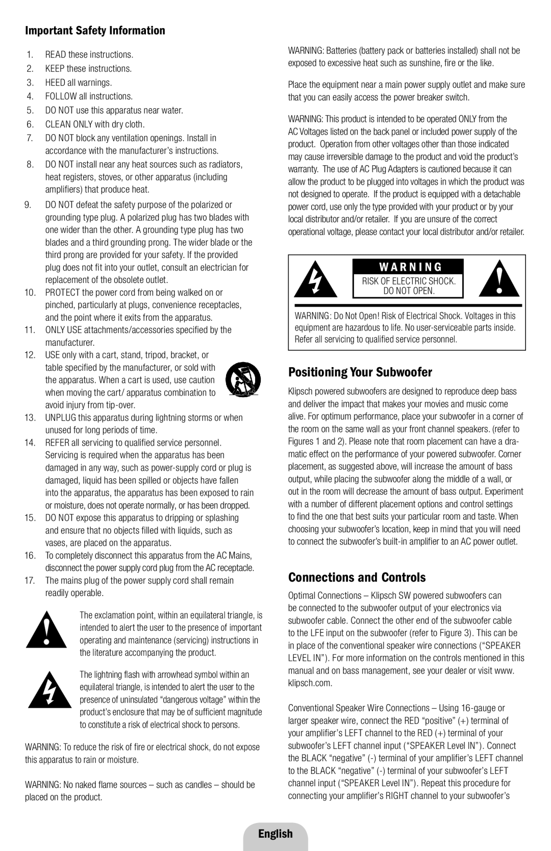 Klipsch SW-450, SW-350 Positioning Your Subwoofer, Connections and Controls, Important Safety Information, English 