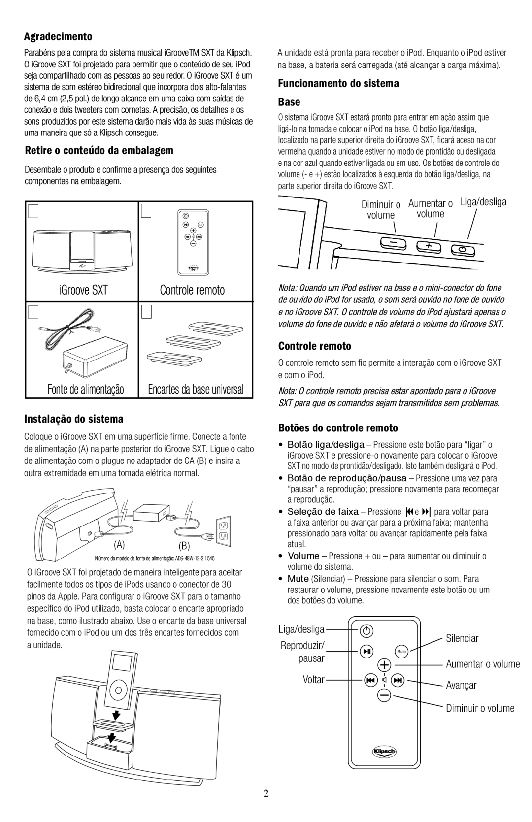 Klipsch owner manual IGroove SXT Controle remoto 