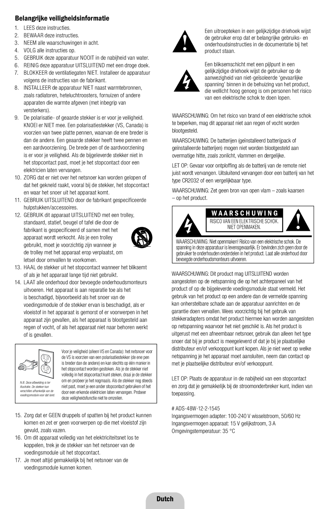 Klipsch SXT A R S C H U W I N G, Dutch, ImportantBelangrijkeSaf tyveiligheidsinformatieInformation, Op het product 