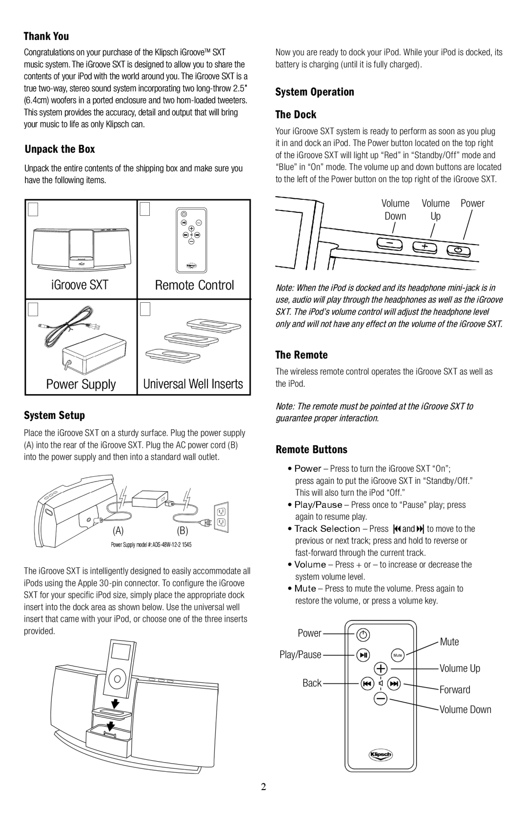 Klipsch owner manual IGroove SXT Remote Control Power Supply 