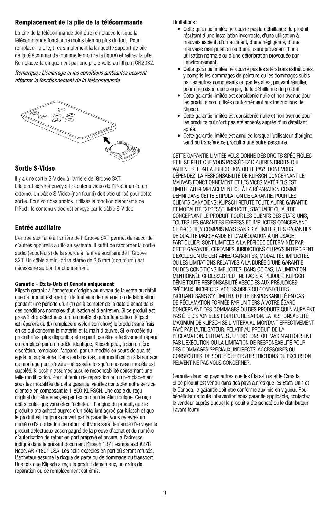 Klipsch SXT owner manual Sortie S-Video, Entrée auxiliaire, Remplacement de la pile de la télécommande 