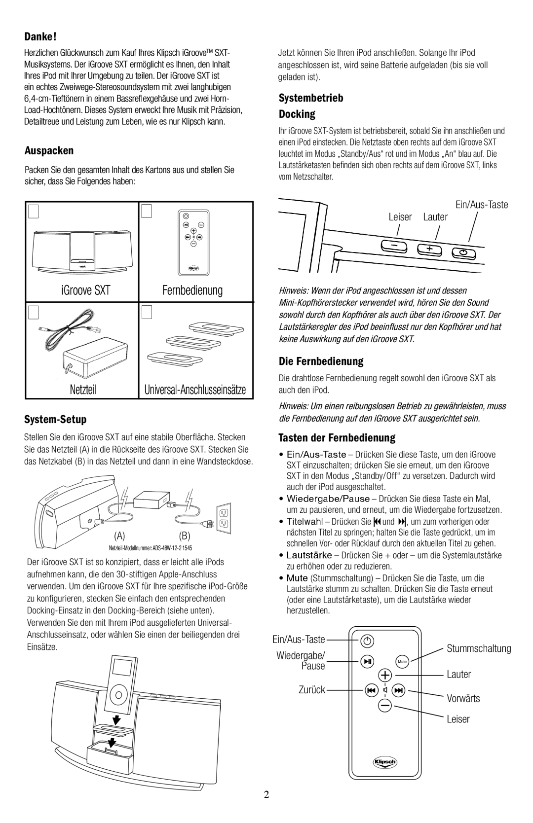 Klipsch owner manual IGroove SXT Fernbedienung Netzteil 