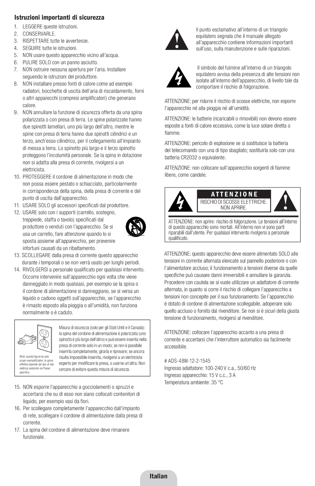 Klipsch SXT owner manual Istruzioni importanti di sicurezza, T E N Z I O N E, Italian, Conservarle 