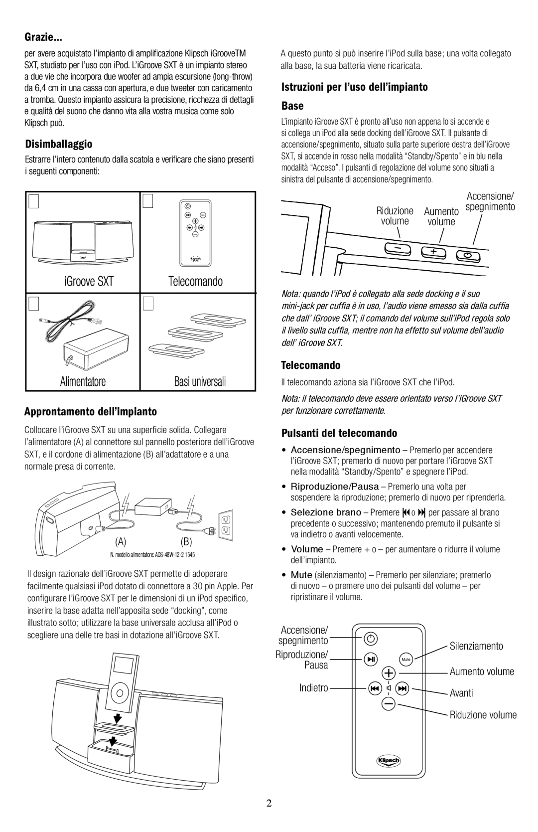 Klipsch owner manual IGroove SXT Telecomando Alimentatore 