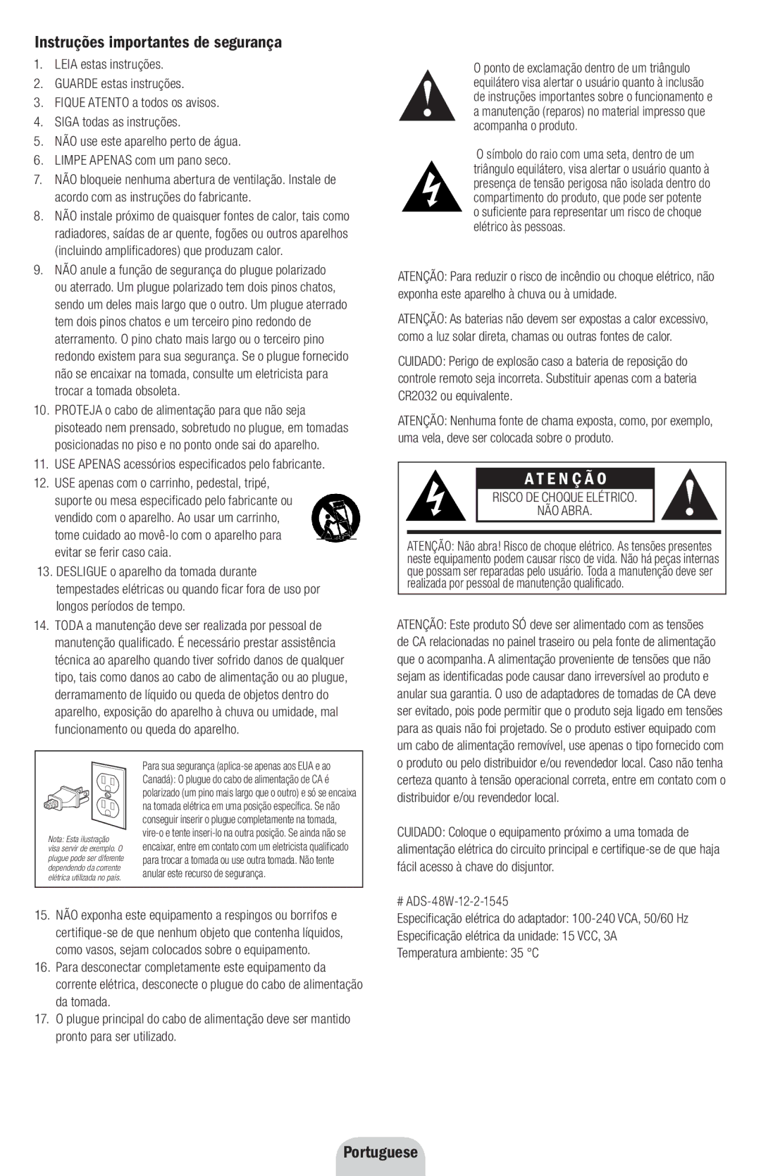 Klipsch SXT owner manual Instruções importantes de segurança, E N Ç Ã O, Portuguese, Risco DE Choque Elétrico NÃO Abra 