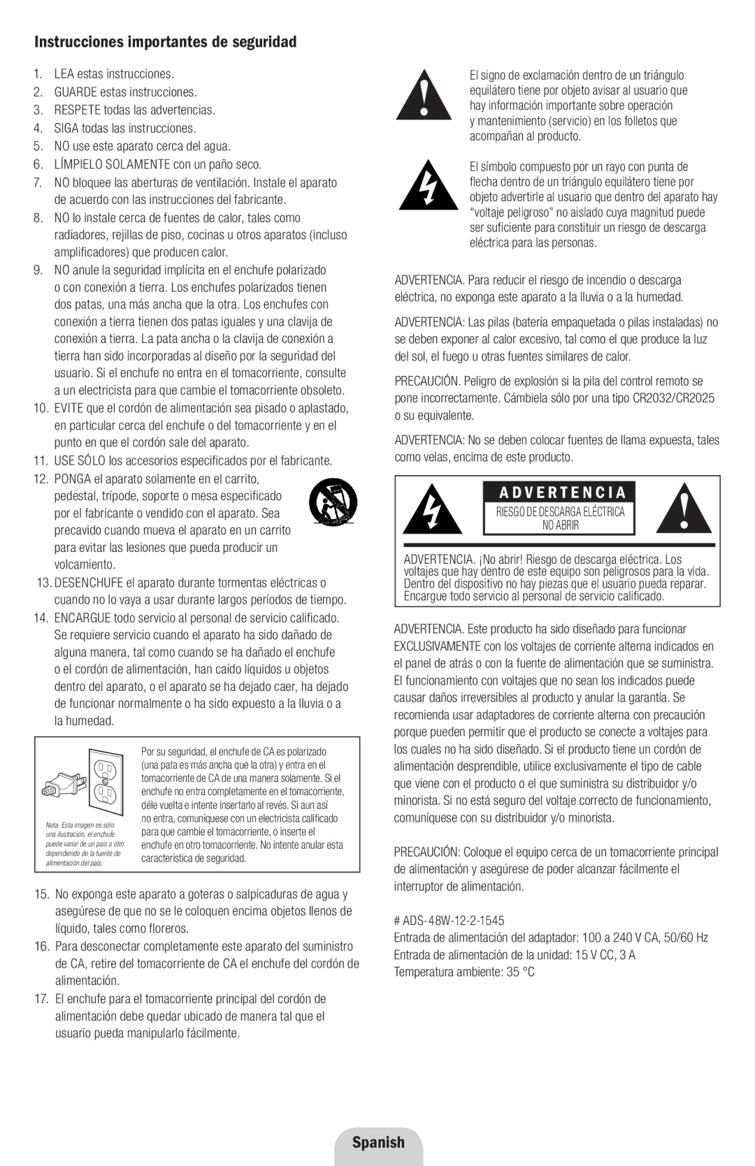 Klipsch SXT Instrucciones importantes de seguridad, V E R T E N C I a, Spanish, Riesgo DE Descarga Eléctrica No Abrir 