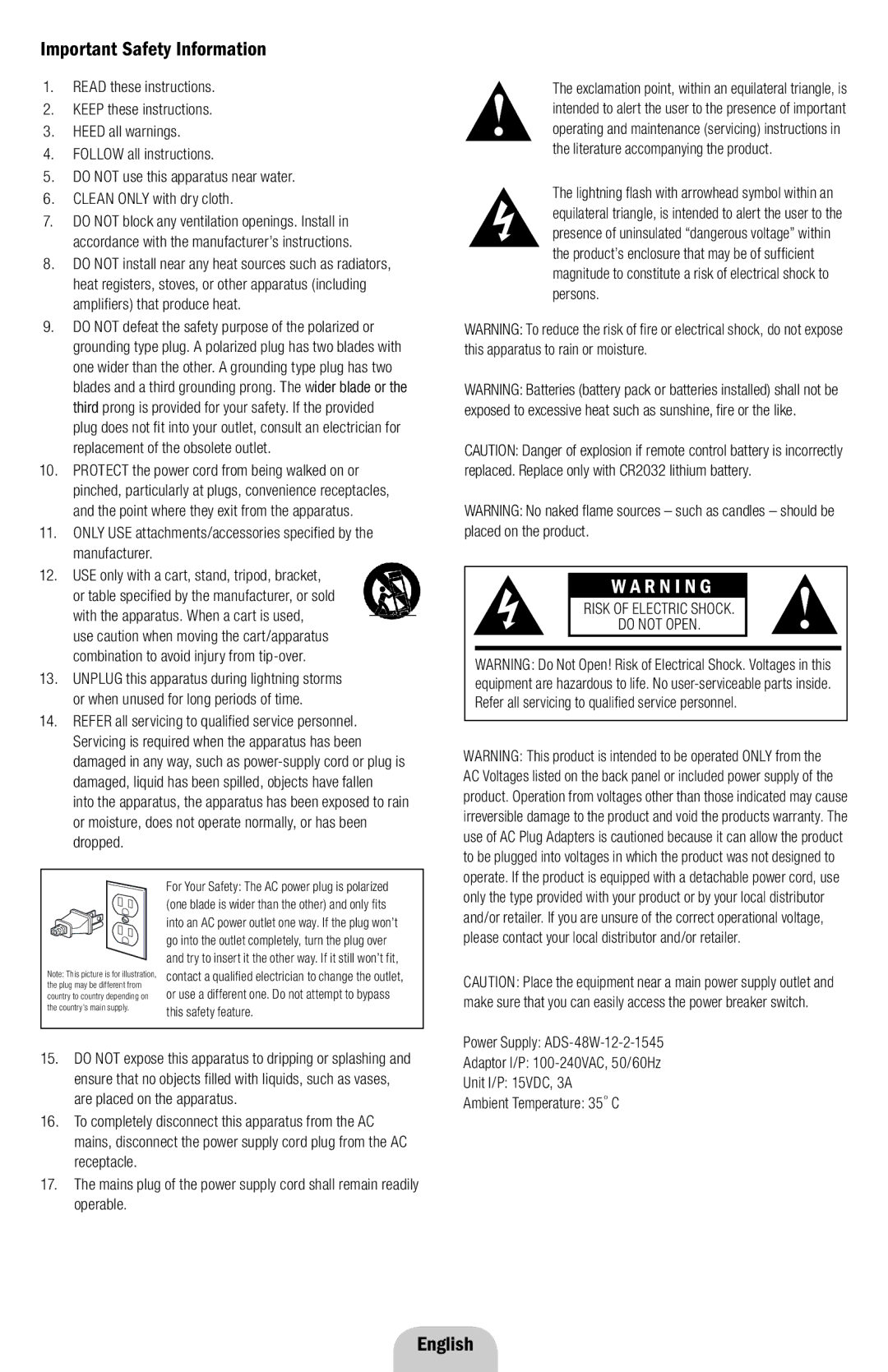 Klipsch SXT owner manual Important Safety Information, R N I N G, English, Risk of Electric Shock Do not Open 