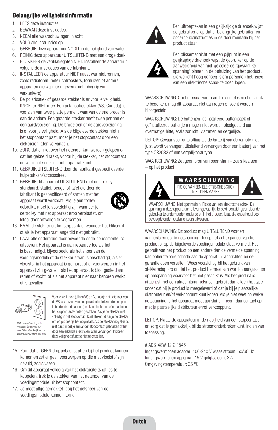 Klipsch SXT owner manual Belangrijke veiligheidsinformatie, A R S C H U W I N G, Dutch, Op het product 